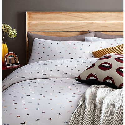 White Ditsy Symbols Easy Care Duvet Set Size Single Double King