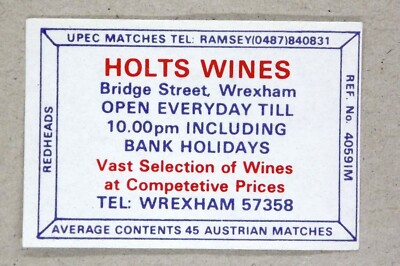 Matchbox Label Upec Holts Wines Bridge Street Wrexham Wales MR086