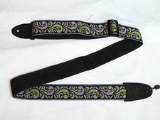LM Jaquard green purple RETRO pattern GUITAR strap NEW nylon - LEATHER ends