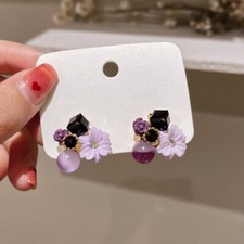 Purple Crystal Flower Stud Earrings for Women Girls,Flower Earrings