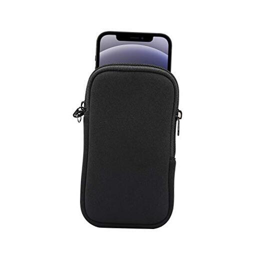 Neoprene Cell Phone Sleeve , Zip Wallet Pouch With Neck Strap for iPhone Black