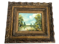 VTG Landscape Painting On Bord Post Impressionist Signed Hand Carved Frame 18x16