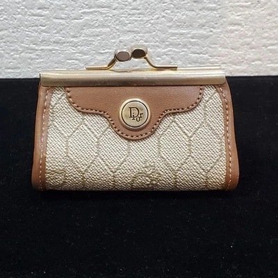 Rare Vintage Christian Dior Coin Purse Clasp Wallet Brown Beige Gold - Bild 1 von 4