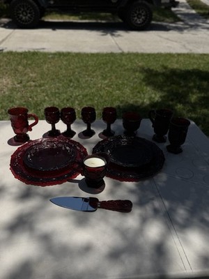 Avon 1876 Cape Cod Ruby Red Pressed Glass 17 Set/4 Goblets Mugs Plates
