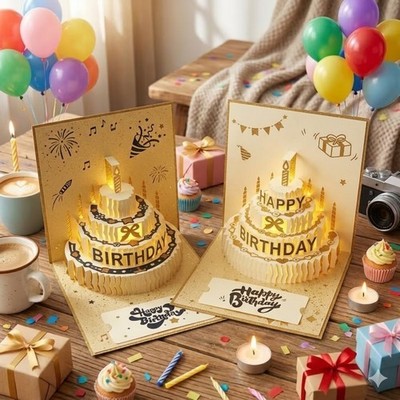 3D Pop Up Birthday Cake Cards Foldable Greeting Card for Kids Adults