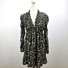 Anthropologie Dress Floral Mini Black Green Long Sleeve Size Large