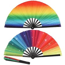 2 Pack Large Rainbow Glitter Hand Fans, Gay Pride Clack Folding Fan for Rave ...