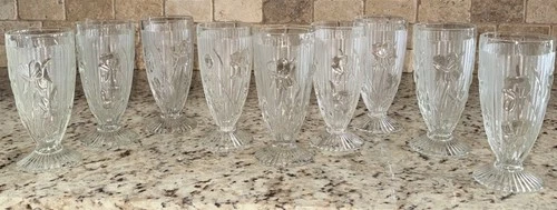 Jeanette Glass Iris & Herringbone Depression Glass Footed 6" Tumblers (Set of 9)