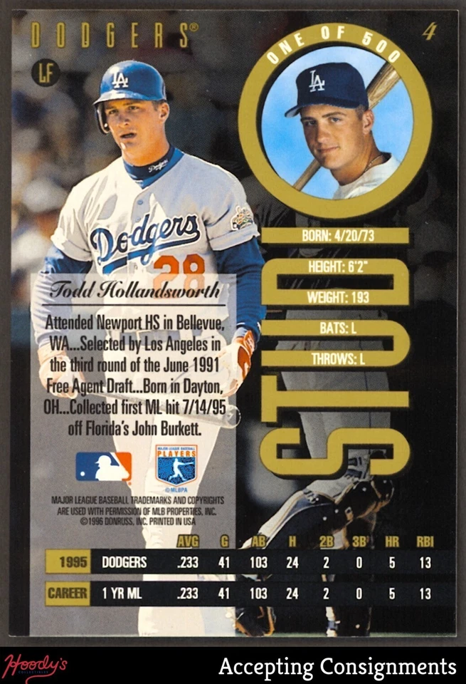 1996 Studio Gold Press Proofs #4 Todd Hollandsworth DODGERS 1/500 - Image 2 of 2