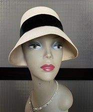 Vintage 1960  s Women  s Ivory Straw Black Velvet Ribbon Bucket Hat Union Made