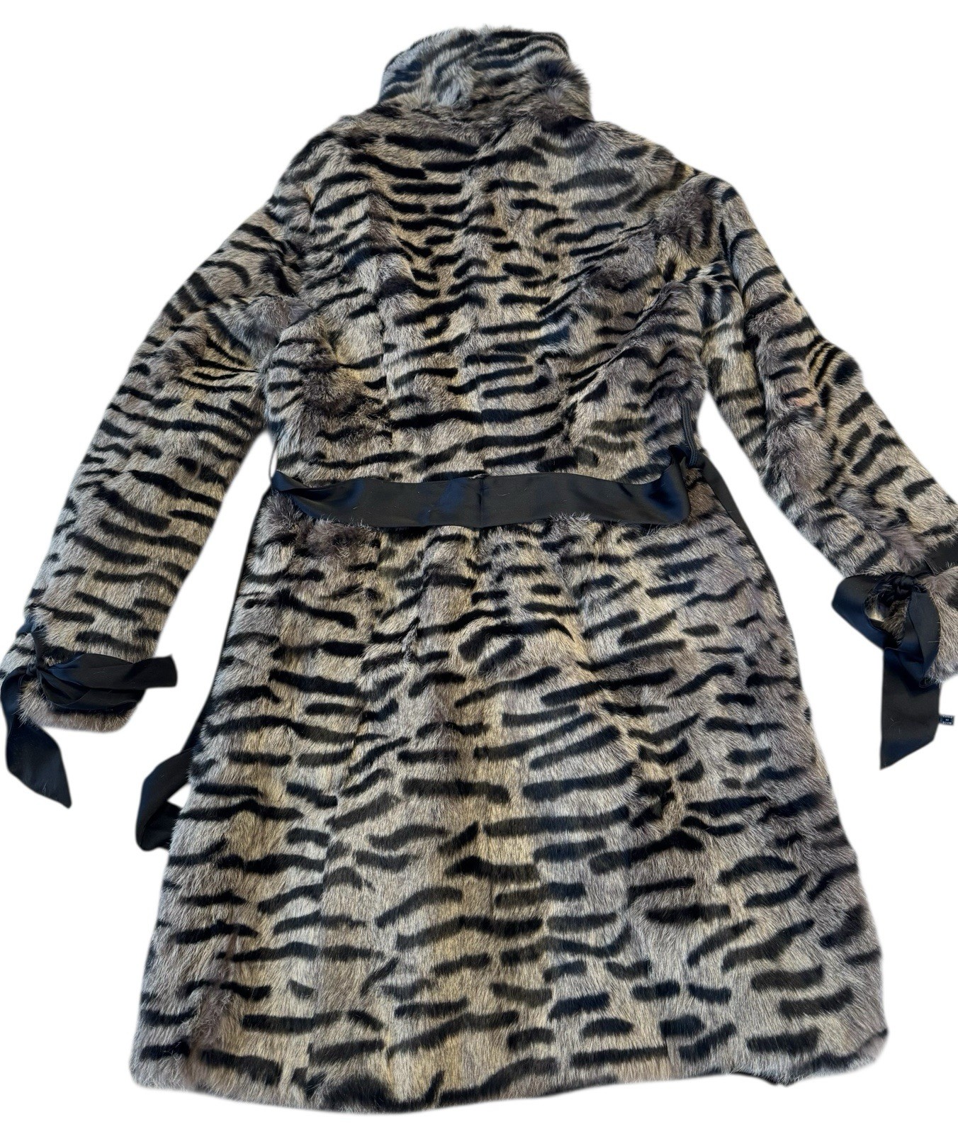 Vintage Bebe Dyed Rabbit Fur Coat Medium Tiger Stripe Print Leather Trim Belted