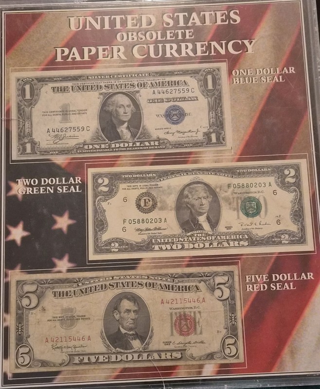 United States Paper Currency Collection $1 Blue Seal, $2 Green Seal, $5 Red Seal
