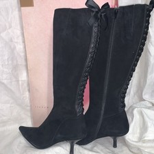 vintage Jigsaw Women’s Tall Boots Black Suede  Heel Ribbon Laced Back #328