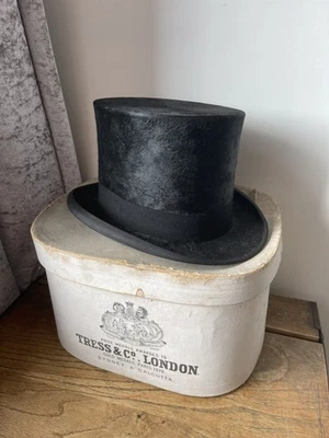 Antique Black Plush Silk Top Hat in Box. Tress & Co. 55cm - Image 1 of 3