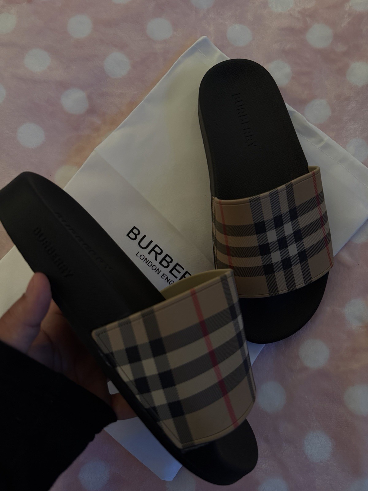 Burberry Women’s Check Slide Sandals Black/Beige Rubber Slip-On Logo US 8