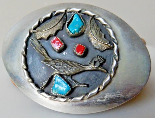 Sterling Roadrunner Belt Buckle with Turquoise + Coral nuggets 3 3/4" x 2 1/2"