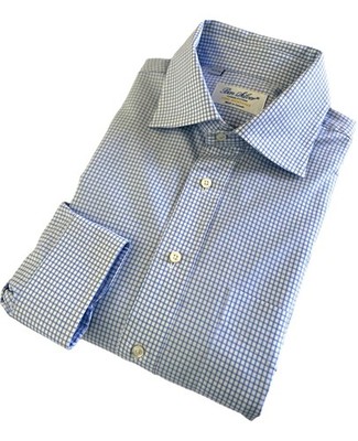 Ben Silver Light Blue & White Grid Check Twill Long Sleeve Button Down 16.5 X 34