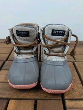 Sperry Saltwater Duck Boots Pink/Grey/Beige Fleece Lined Rain/Snow Girls Sz 6M