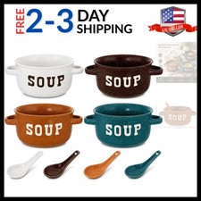 Deluxe 4-Piece Set of Dishwasher Safe Ceramic Soup Bowls with Spoons - Speckled
