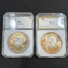 LOT Of 2 - PCI  Silver Eagle ASE  $1 Pink/Yellow Bullseye Toned🌈 .999 Silver