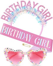 CHONNFEASTT  Birthday Girl Sash Crown Headband Set with Pink Sunglasses
