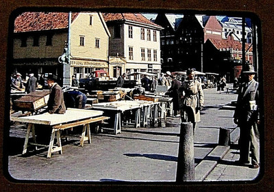 1954 Fish Market Bergen Norway Red Kodachrome 35mm Film Slide Travel Photograph