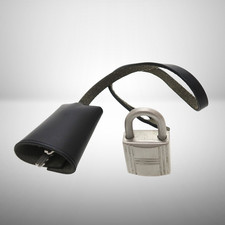 HERMES Clochette Cadena Padlock Key Bag Charm Black Silver W/Dust bag Authentic