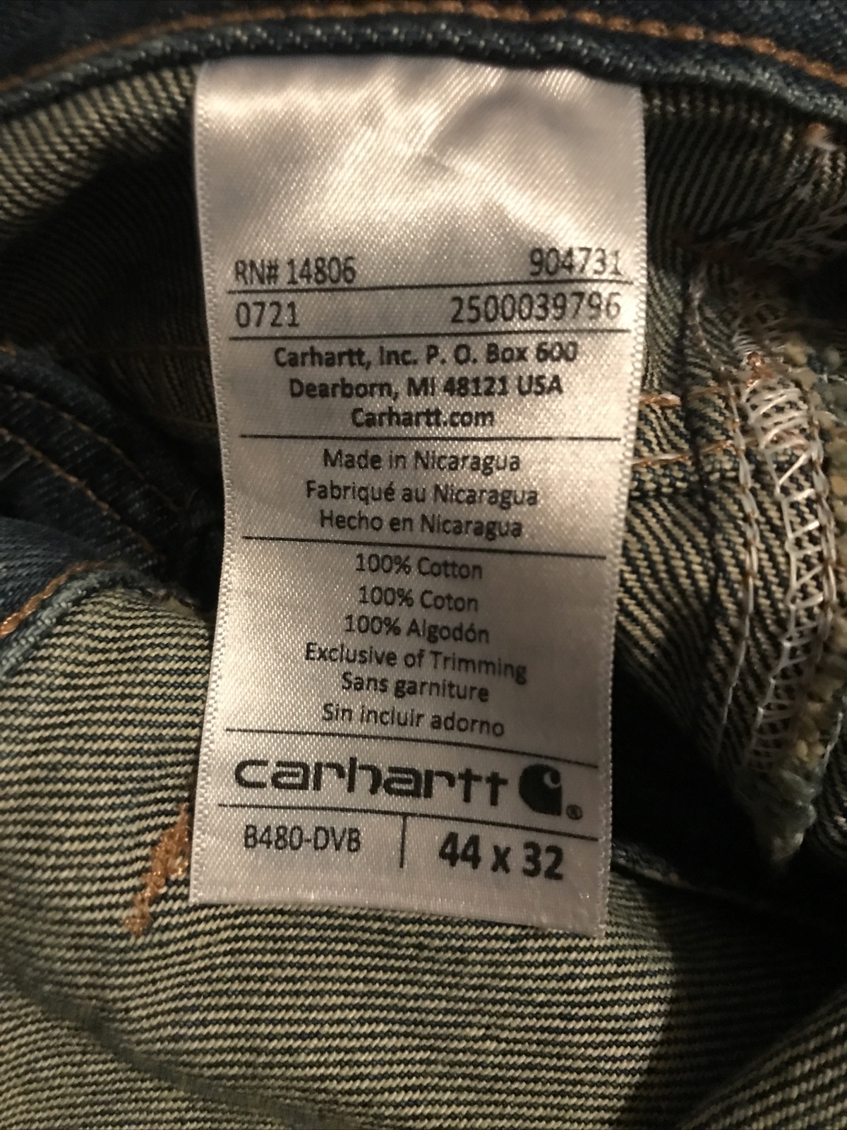 Carhartt Men's Traditional Fit Denim Five Pocket Jeans Dark Blue 44x32 NEW B480