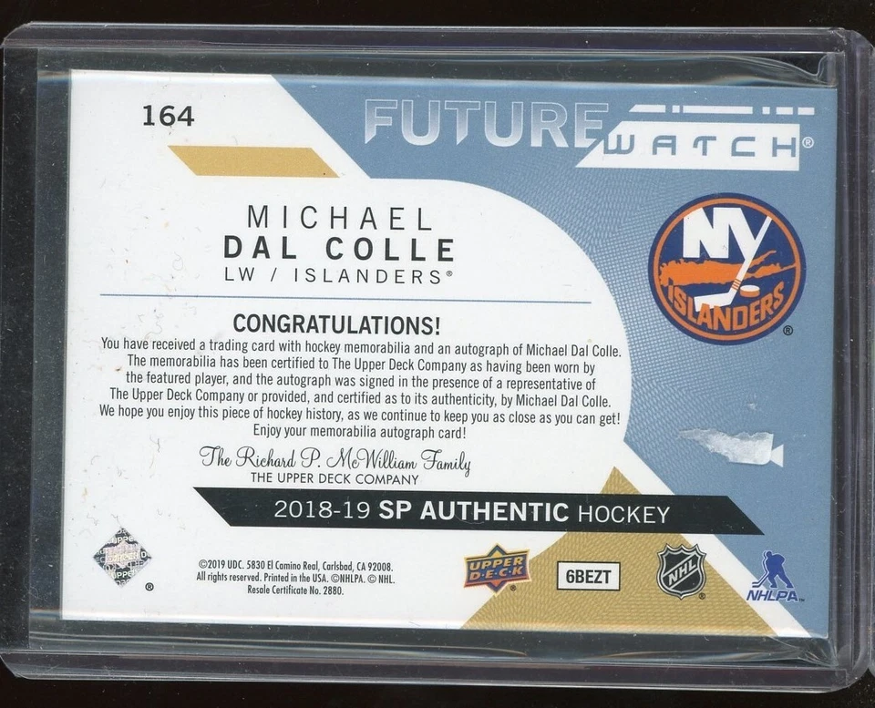 2018-19 SP Authentic Future Watch Limited Patch Auto #164 Michael Dal Colle /100 - Image 2 of 2