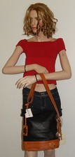 Valentina Italian Leather Convertible Bucket Bag In Black/tan Nwt