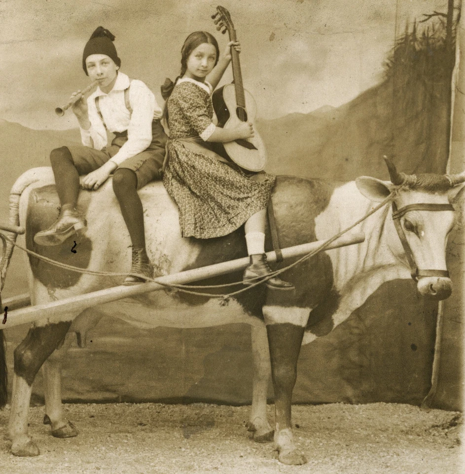 funny family in cow cart, musical instruments, pipe, guitar, unusual, MERAN - Image 3 of 4