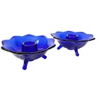 2 Vintage Fenton Cobalt Blue Glass "Lotus Flower" 3 Footed Candle Holders