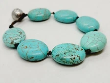 Turquoise Colored Dyed Stone Bracelet 9" Leather Toggle Summer Boho Hippie