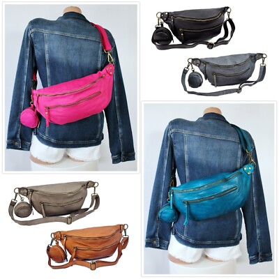 ITALY   2-tlg BAUCHTASCHE BODYBAG CROSSOVER SCHULTERTASCHE GEWASCHENES ECHTLEDER