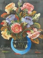 Gouache auf Papier links signiert Blumen Stillleben