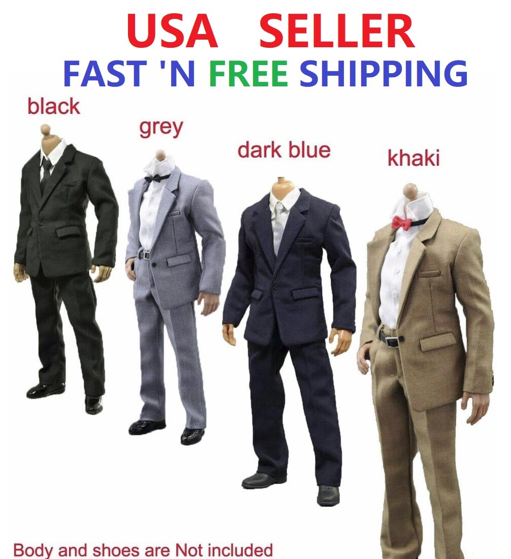 1/6 Scale Men's Clothing Set - Deep Blue Suit For Male Action Figures (Jacket, Shirt, Pants, Tie, Shoes, Belt)