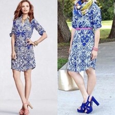 Cabi Blue Beige Jewel Geometric Print Shirt Dress Roll Tab Sleeve Size S