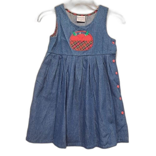 Samara vintage denim tank dress embroidered apples plaid country retro girl sz 6 - Picture 4 of 9