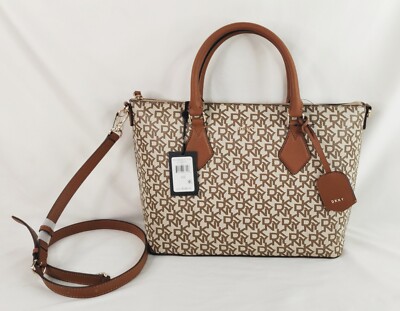 NWT DKNY Medium Leather Brookdale TZ Tote Bag Beige w/ Brown Monogram Jacquard