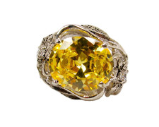Large yellow oval cubic zirconia stone ring w/ flowers leaves design Size 8