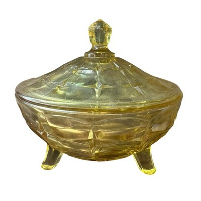 Vintage Indiana Tiara Glass Yellow Mist Constellation Dish & Cover Splayed Feet