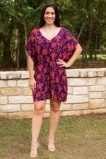 Lands' End Floral Kimono Sleeve Dress Elastic Waist Boho Tunic Mini, SZ Large