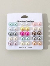 15 Multicolor Faux Pearl Stud Earrings Set For Women