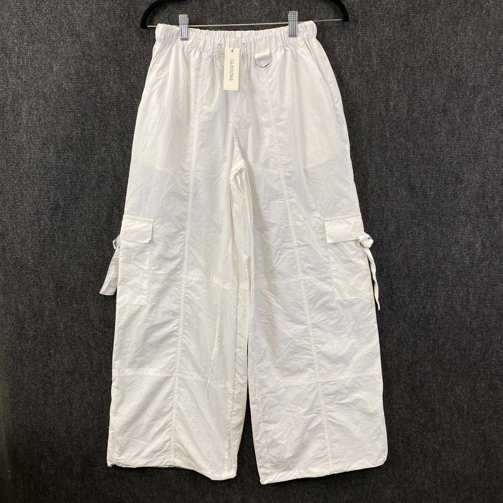 Glassons Womens Wide Leg Cargo Pants White Nylon Elastic Waist Pockets Sz 8 NWT