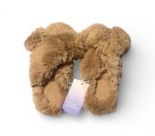 Women  s Stars Above Taupe Crossband Faux Fur Slippers, Size 5 - NWT