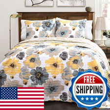 Lush Decor Leah Reversible Floral Quilt Set 3 Piece Set Full/ Queen Yellow Gray