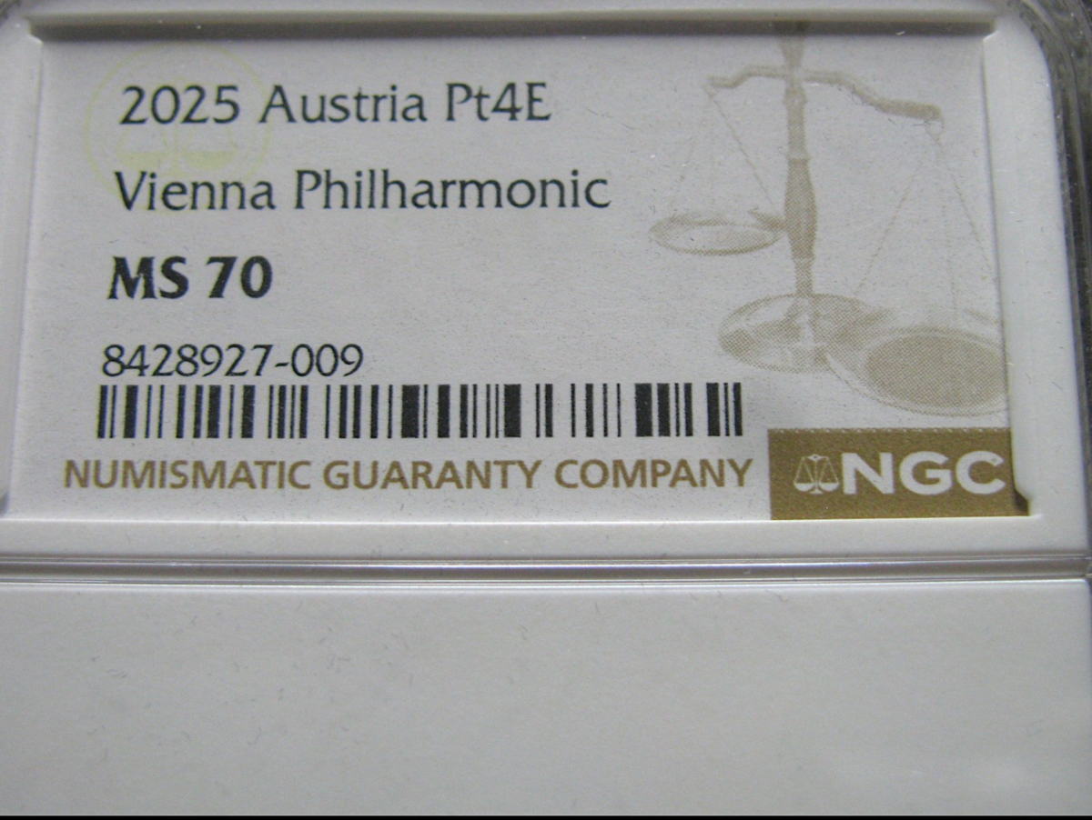 希少 ビンテージ ビミッシュ・ムスタファオーストラリア メルボルン 当時物 2025 Austria Philharmonic Platinum 1/25 Ounce Round - NGC MS-70