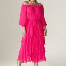 Aliava Dorra Chiffon Off the Shoulder Ruffle Tier Midi Dress Pink Size XXL NEW