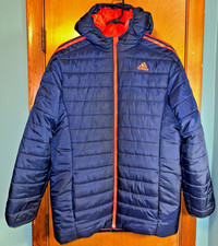 adidas Boys XL 18/20 Navy Blue Orange Hooded Puffer Jacket Coat