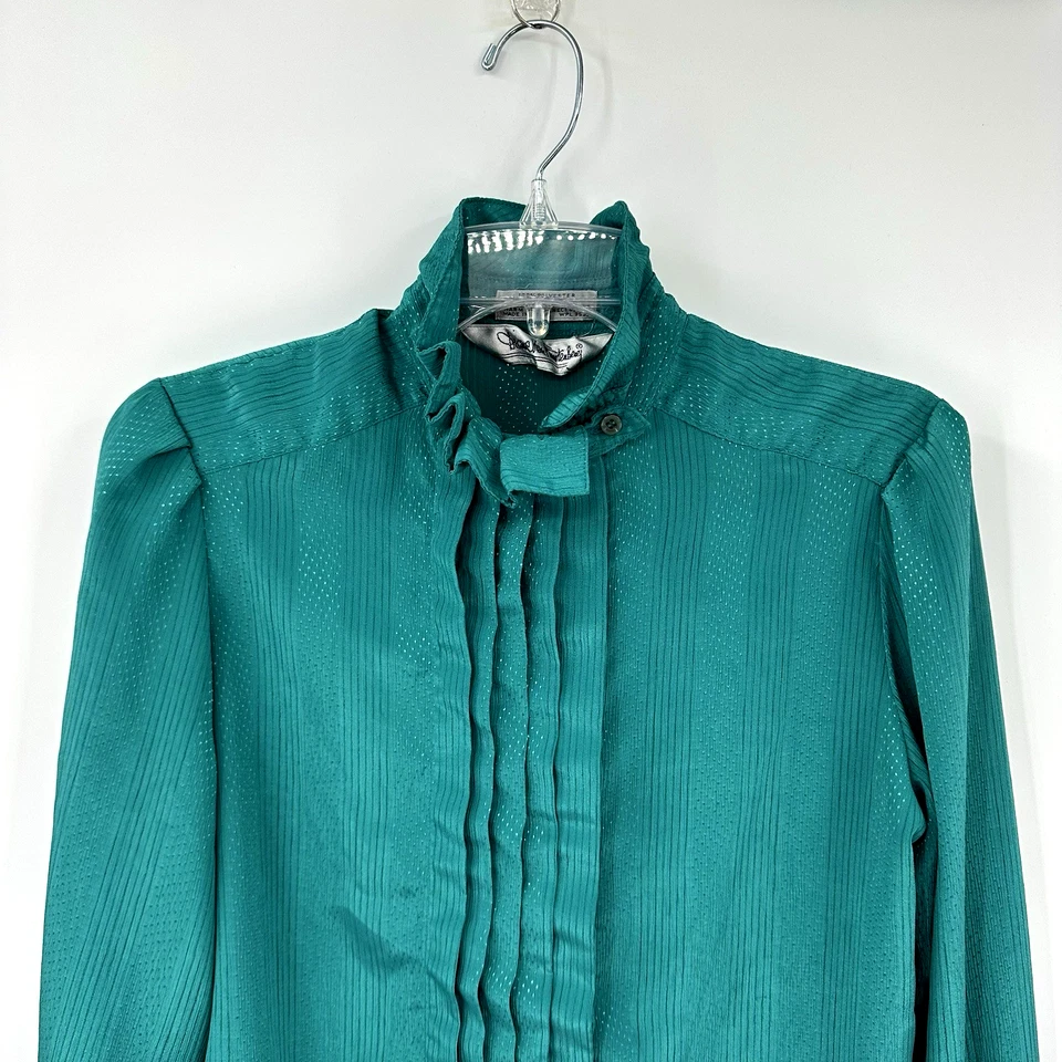 Camisa top blusa vintage años 80 DIANE VON FURSTENBERG VOLANTES PLISADA SATINADO VERDE S Foto 3 de 4